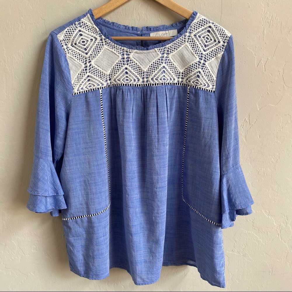 LOFT Blue Chambray White Embroidered 3/4 Sleeve Top